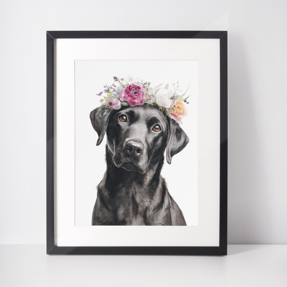 Watercolor Labrador Retriever with Flower Crown Portrait Wall Art Print Unframed - Picture 3 of 7